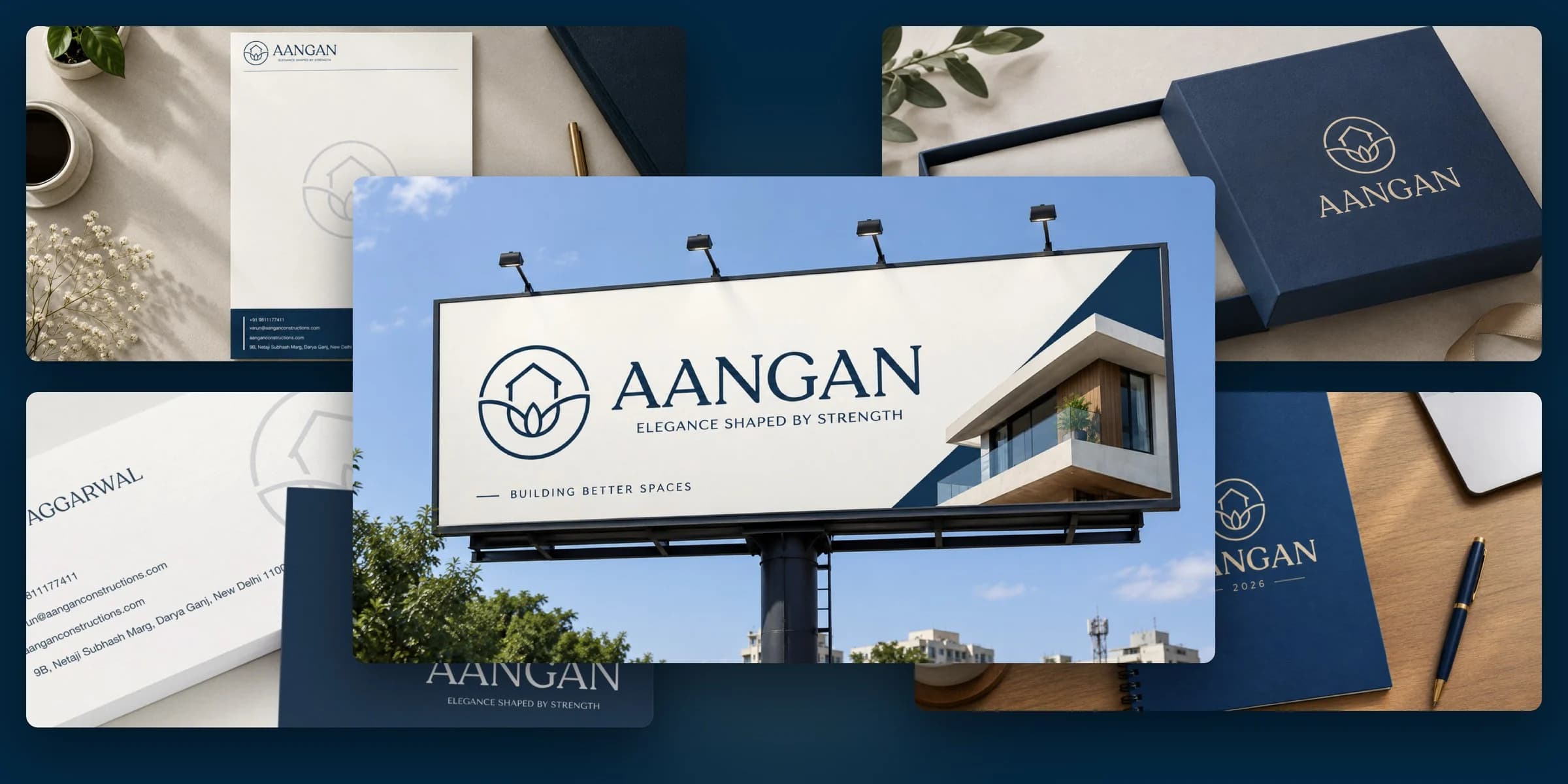 The Aangan brand identity in use: a billboard with the logo and tagline, a letterhead, business cards, packaging, and a notebook in deep blue