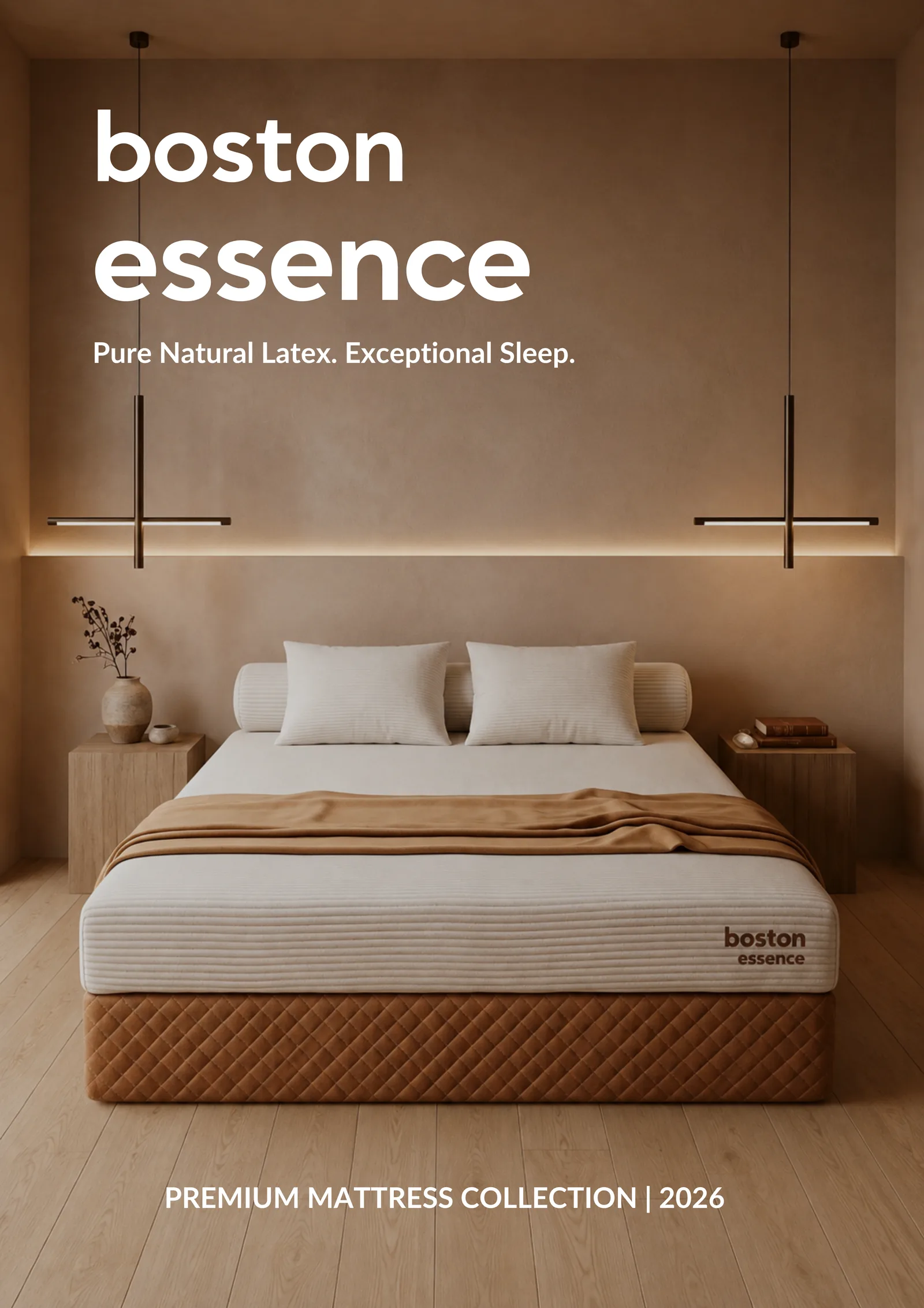 Catalogue cover for Boston Essence, a natural latex mattress shown in a warm, softly lit bedroom