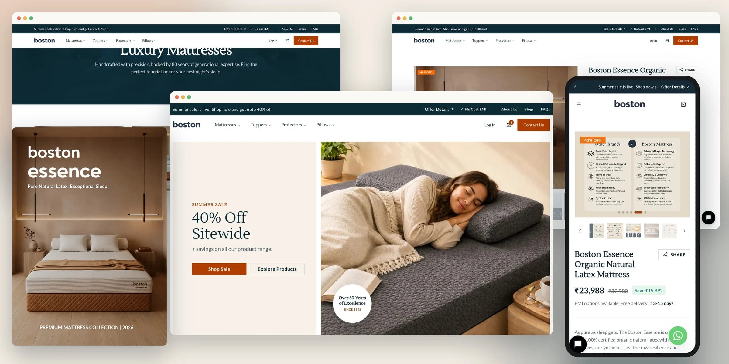 A collage of Boston Mattress work: the website home, collection, and product pages, a product page on mobile, and the Boston Essence catalogue