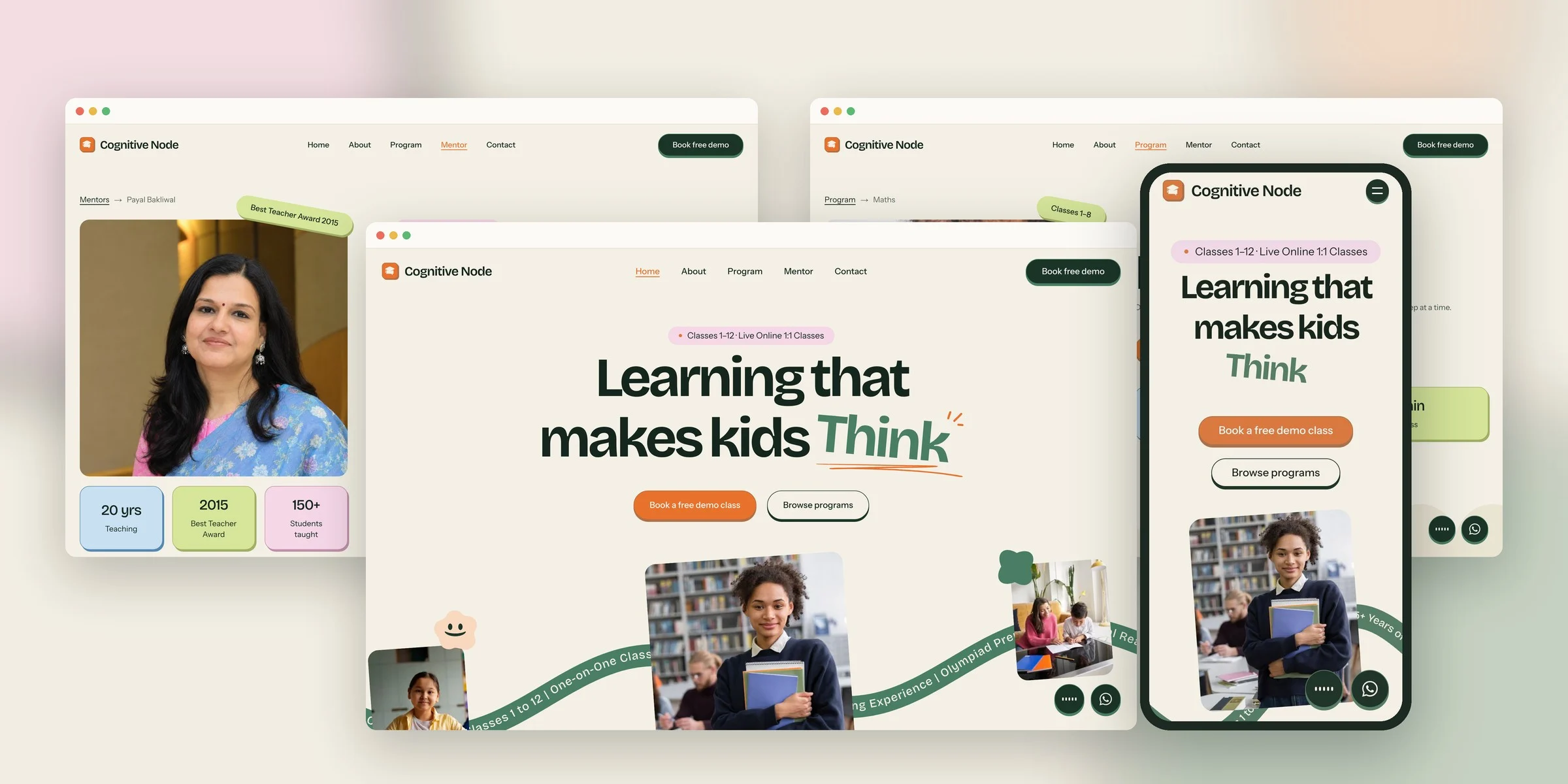 A collage of the Cognitive Node website: the home page, a mentor profile, a program page, and the mobile site