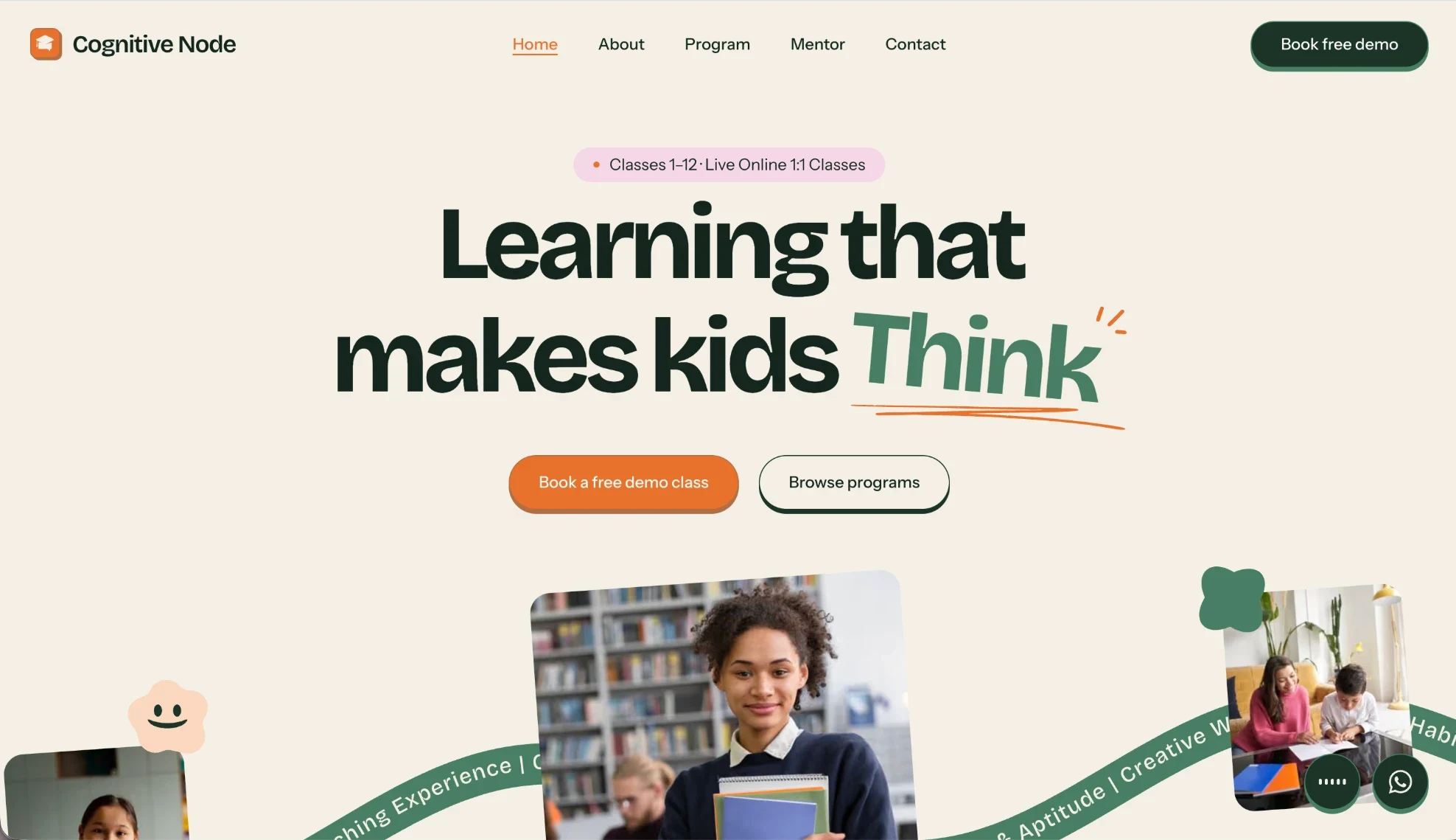 The Cognitive Node website homepage, headlined Learning that makes kids Think, for live online 1:1 classes