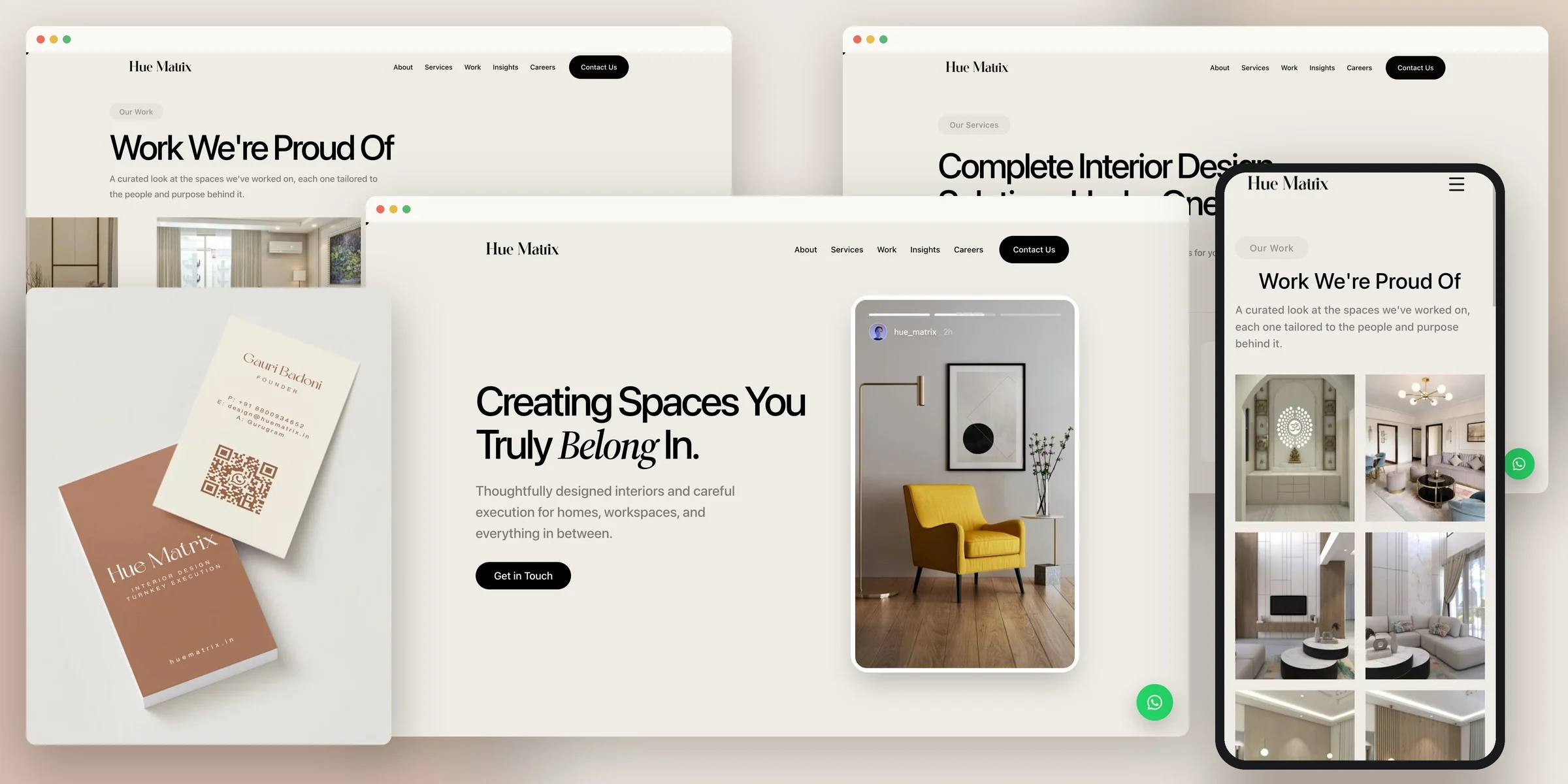 A collage of Hue Matrix work: the website home, portfolio, and services pages, the mobile site, and terracotta and cream business cards