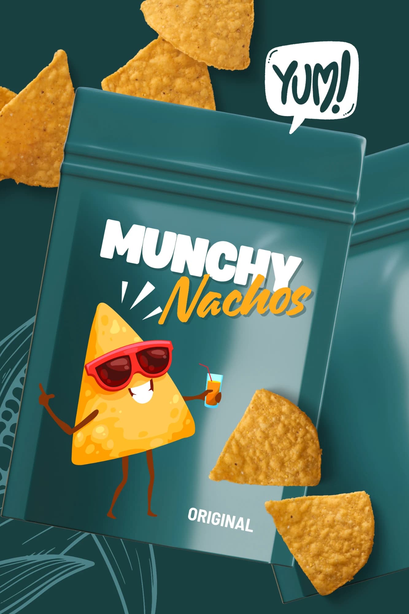 Teal snack pouch packaging for Munchy Nachos, with a cartoon nacho mascot in sunglasses and loose tortilla chips